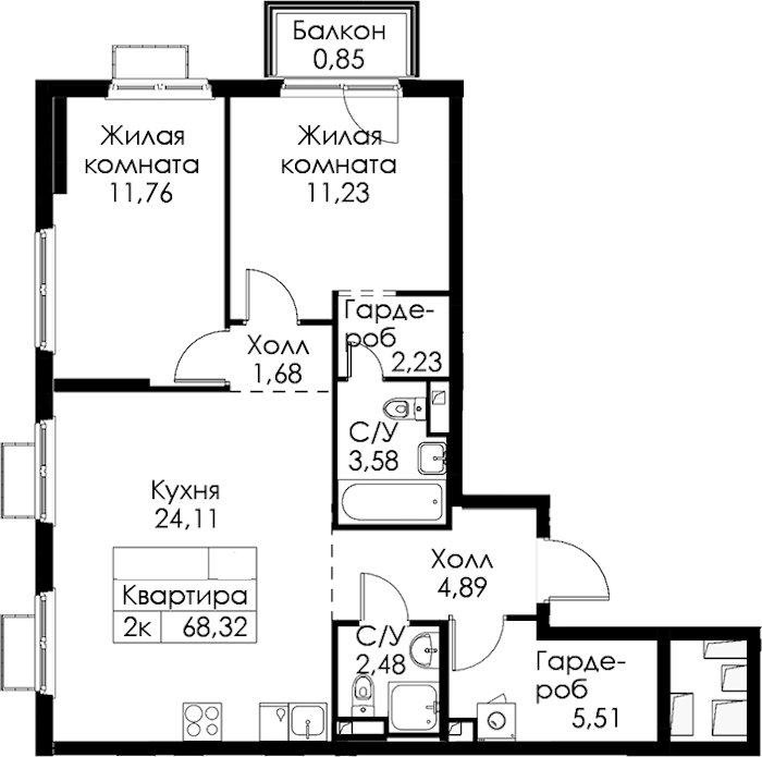 2-комнатная квартира 68.32 м², 15/15 эт., ЖК «Янинский лес»
